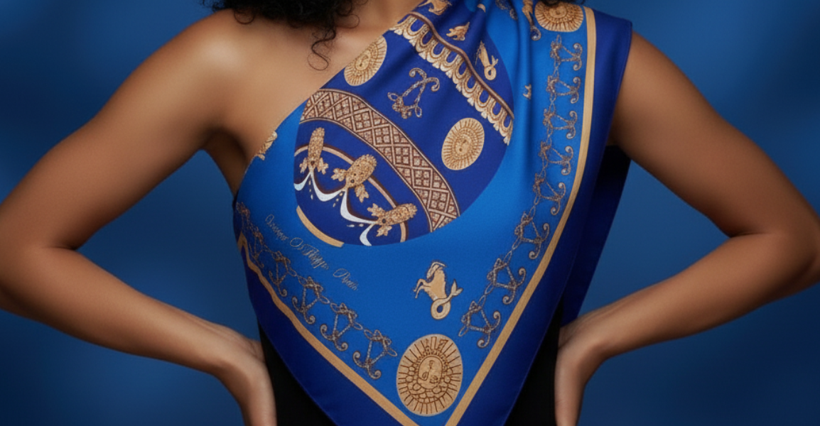 Carré de soie bleu royal et or porté façon couture par Lorenza Di Filippo